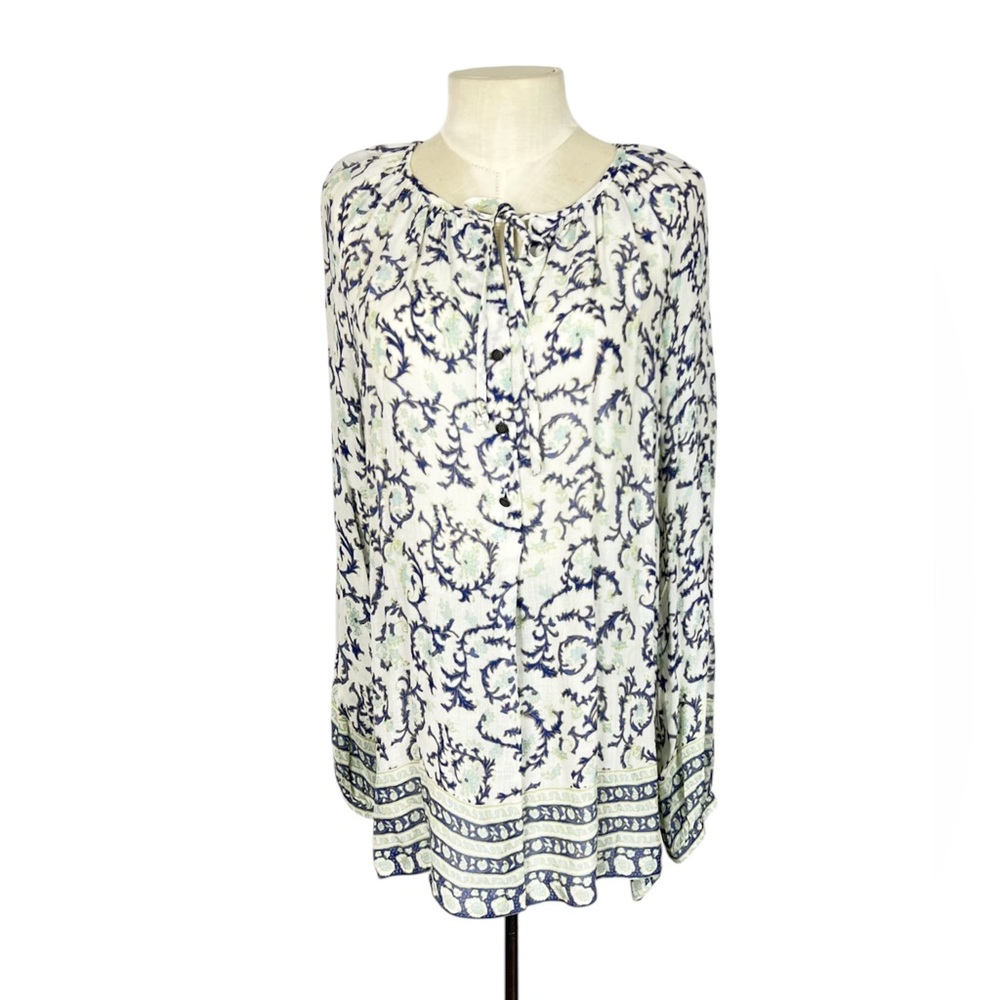 NWOT LUCKY BRAND Size L Border Print Key-hole tie neck Peasant top Blouse